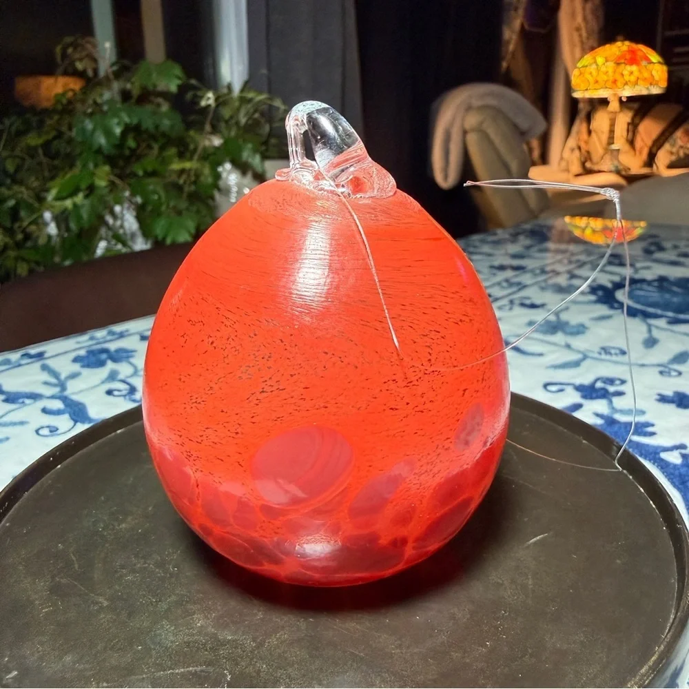 Hand Blown Art Glass Christmas Ornament Red Orange Swirl Speckled Ball Gift 9.5”
